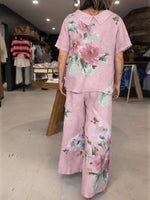 Women's Spring New Arrival Round Neck/peter Pan Collar Two-way Style Short-sleeved Casual Loose Cotton And Linen Pants Set