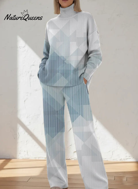 Retro Gradient Blue Lines Printed Casual High-neck Top And Straight-leg Pants Set