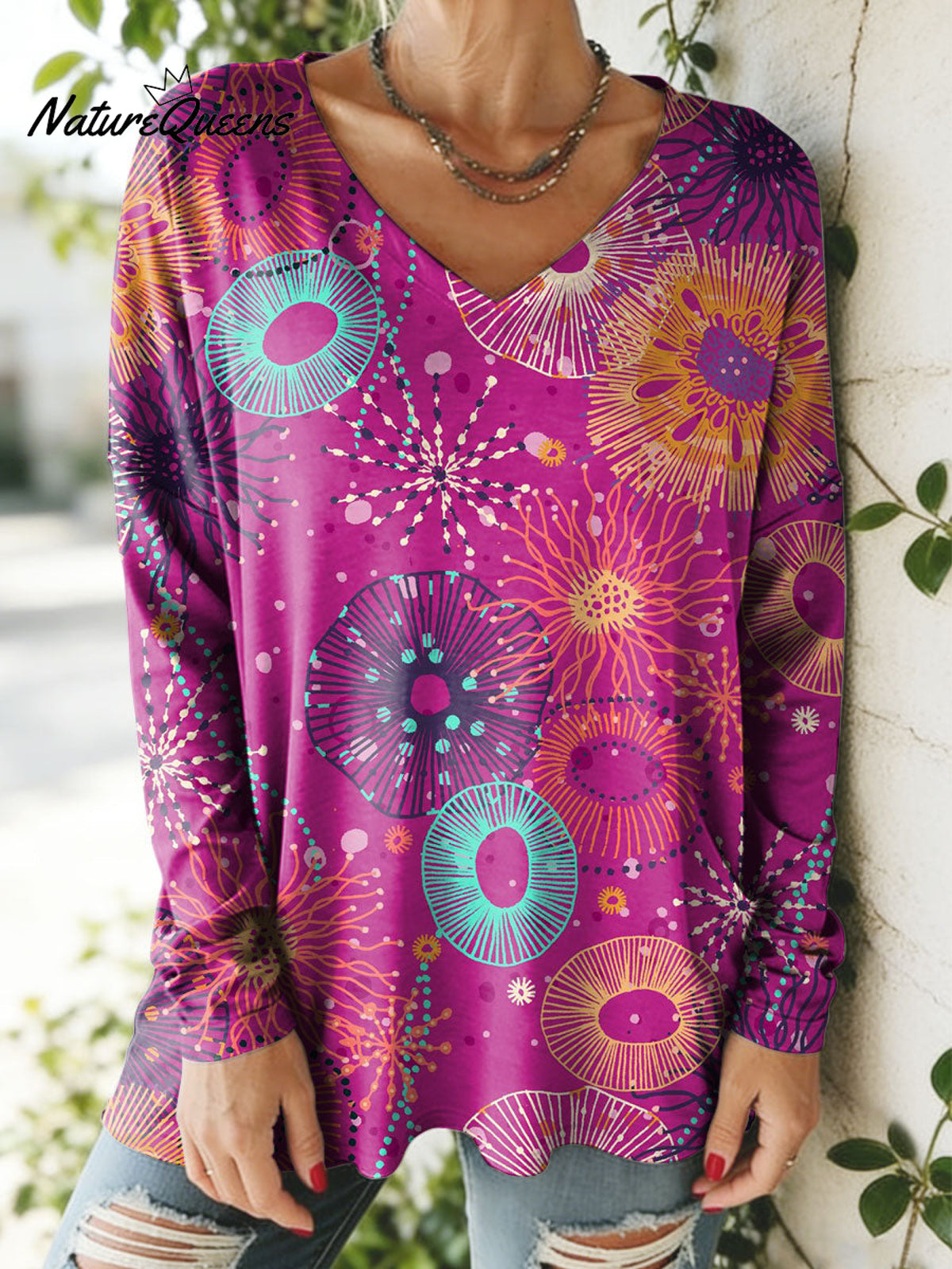 Women's Lovely Floral Flowers Pattern Art Print V-neck Casual Cotton T-shirt