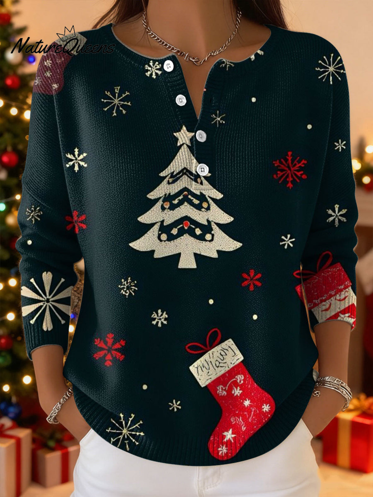 Women's Christmas Pattern Art Print Buttoned Cardigan Sweater