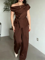 Women's Solid-color Off-shoulder Short-sleeve Loose-fit Top & High-waisted Wide-leg Pants Satin Two-piece Set