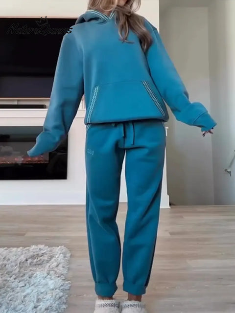 Women's Comfortable Casual Cotton Hooded Sweatshirt and Pants Two-Piece Set