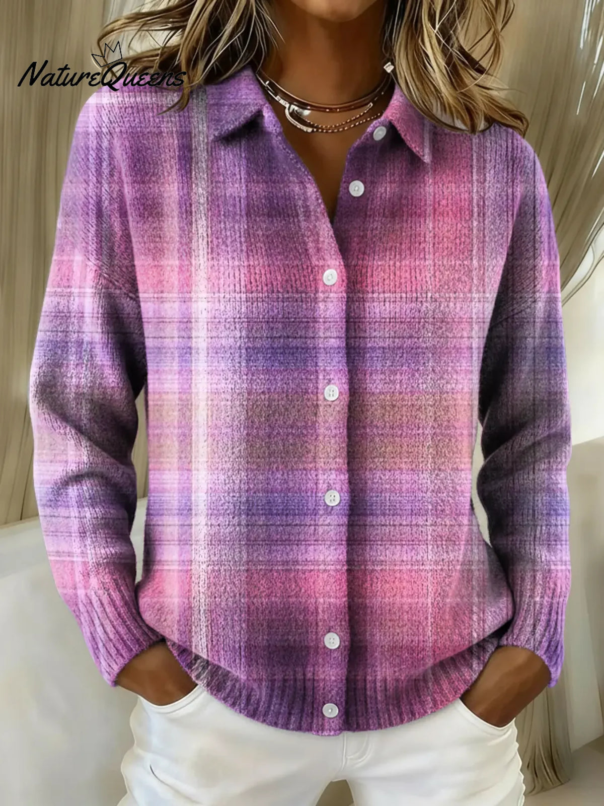 Women's Gradient Vintage Plaid Printed Collared Sweater
