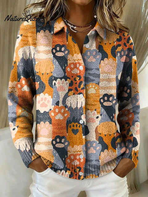 Women's Cute Cat Paw Printed Collared Sweater