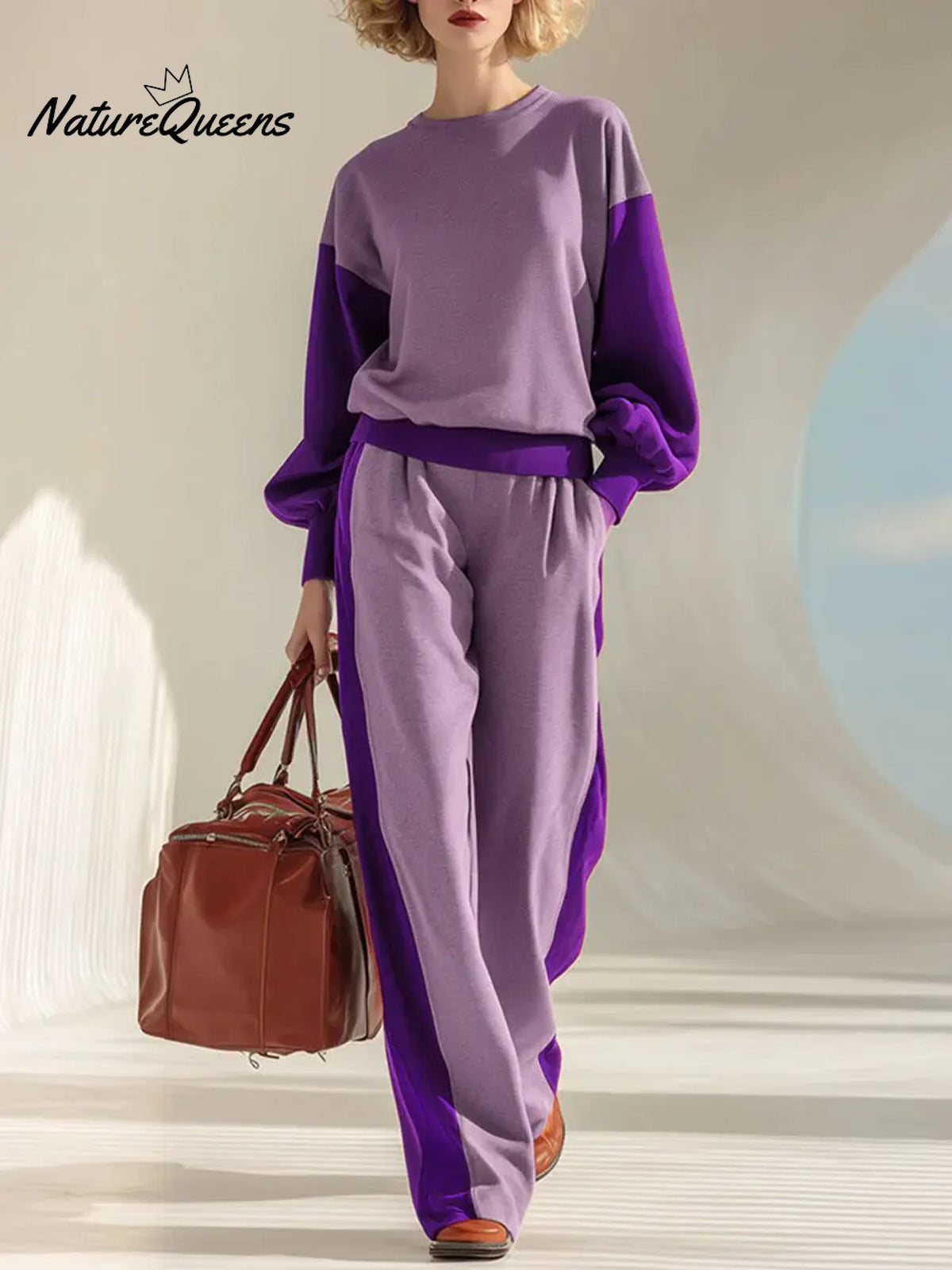 Women's Color Block Crew Neck Long Sleeve Casual Loose Sweatshirt High Waist Casual Wide Leg Pants Set