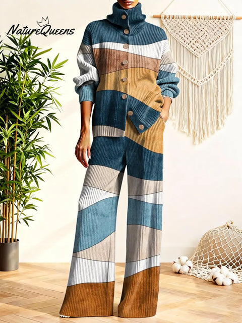 Women's Geometric Pattern Art Print Casual Cotton Knitted Suits