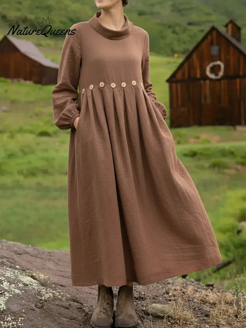 Women's Loose Casual Decorative Button Cotton Linen Dress
