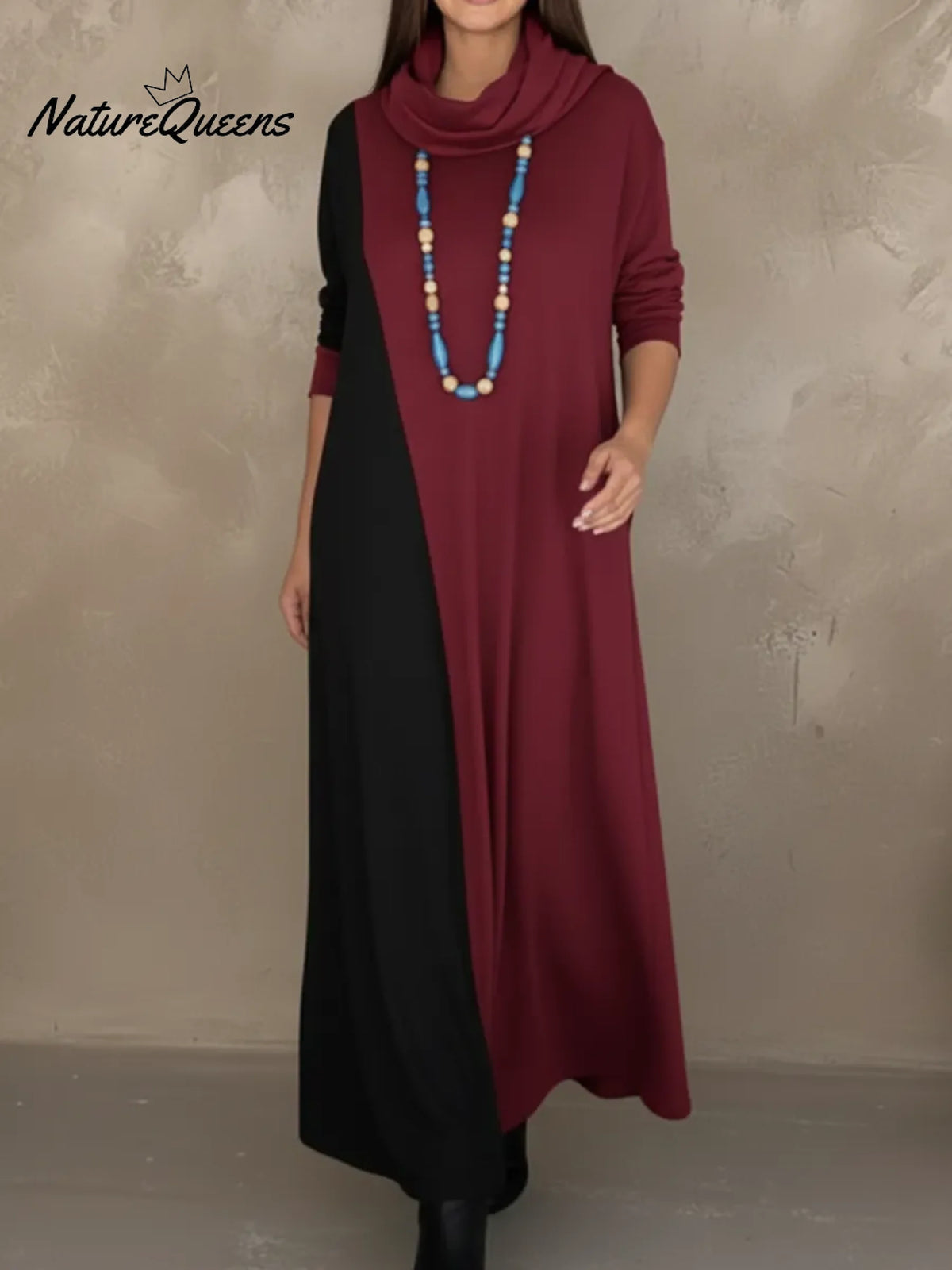 Retro Cowl Collar Color Block Knit Dress