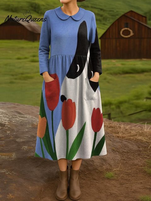 Cute Dog And Tulip Decorative Patterns Women's Casual Peter Pan Collar Long Sleeve Dress