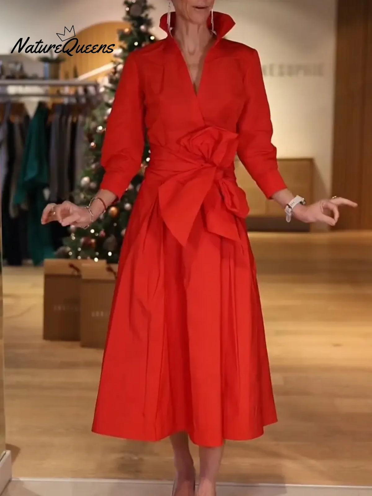 Women's Solid Color V-neck Long-sleeved Casual Loose A-line Cotton Dress