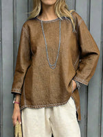 Women's Round Neck Long-sleeved Loose-fitting Simple Denim Top.