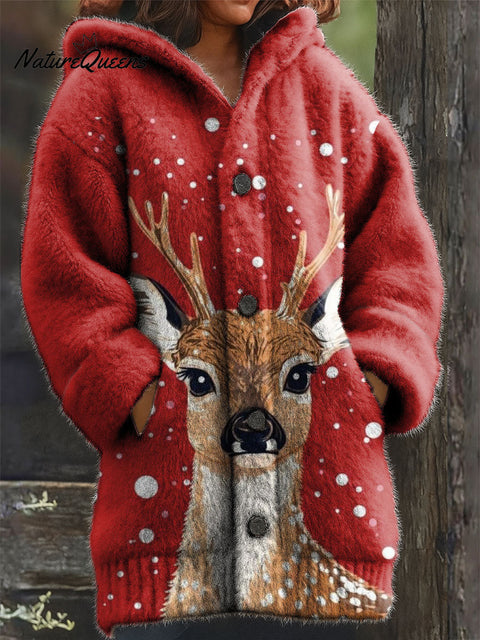 Women's Christmas Cute Animals Deer Snowflakes Pattern Art Print Casual Plush Warm Coat
