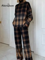 Women's Vintage PlaidArt Print Casual Knitted Cotton Top Pants Suit