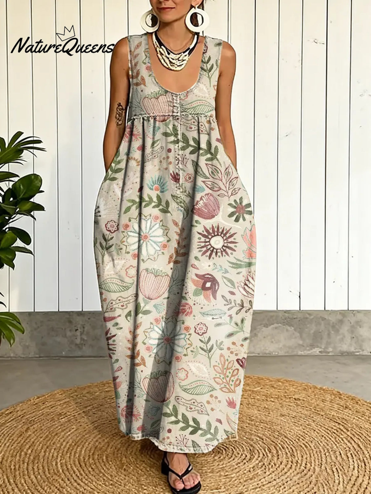 Women's Vintage Flower Pattern Art Print Casual Cotton Denim Dress