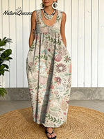 Women's Vintage Flower Pattern Art Print Casual Cotton Denim Dress