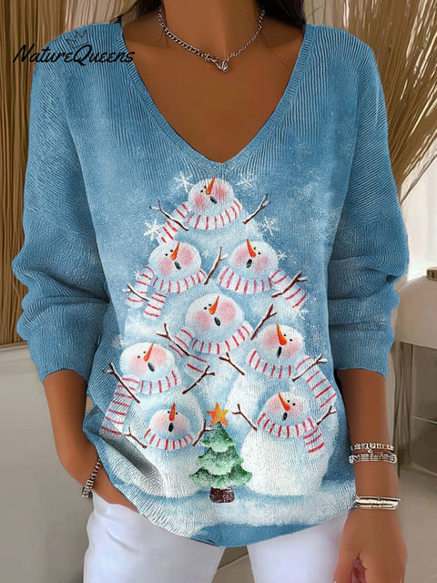 Women's Christmas Tree Cute Snowman Art Pattern Art V-neck Solid Color Loose Shiny Sweater