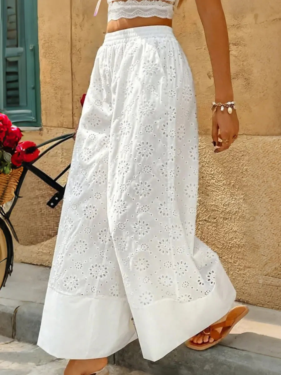 Women's Casual Lace Embroidered Cotton Wide-leg Pants