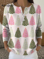 Women's Pink Christmas Tree Casual Printed Sweater