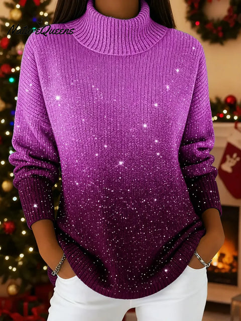 Women's  Stand Collar Casual Loose-fitting Sequined Gradient Knit Sweater