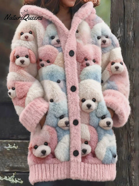 Women's Funny Dogs Pattern Art Print Casual Fleece Coat