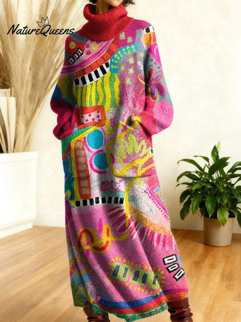 Women's Retro Geometry Abstraction Color Gradient High-neck Long-sleeve Casual Loose Knit Dress