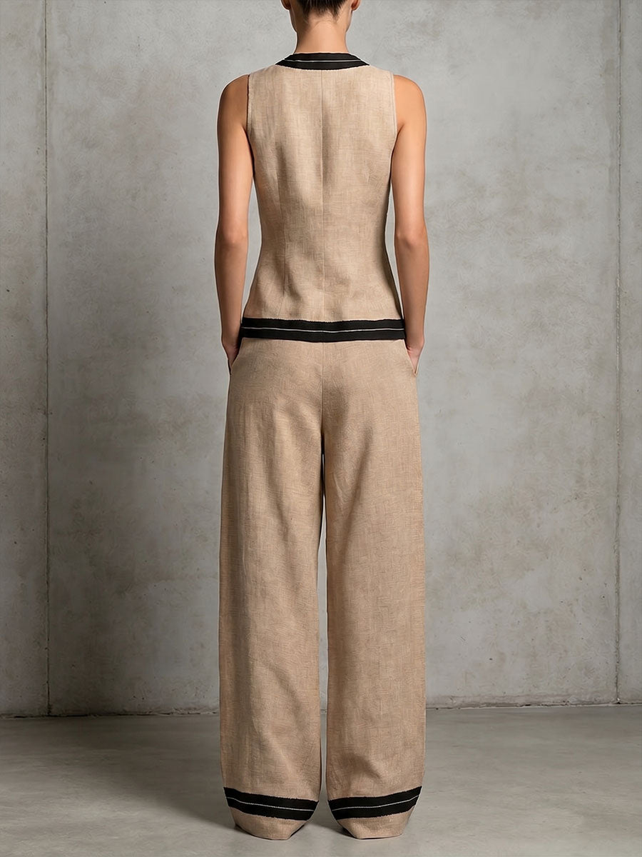 Women's Casual Loose Cotton-linen Set: V-neck Sleeveless Top & High-waisted Wide-leg Pants