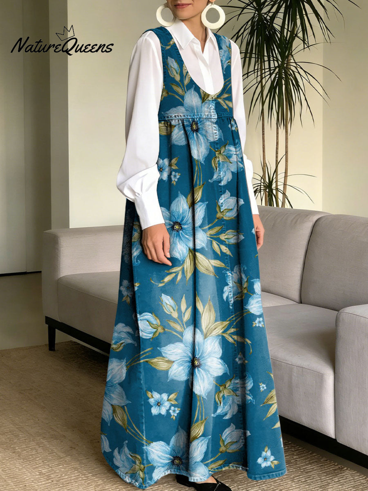 Women's Blue-toned Floral Decorative Patterns Casual Square Collar No Sleeve Dress