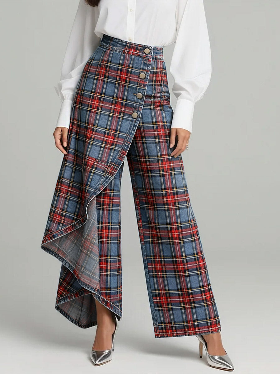 Women's Vintage Plaid Patterns Print High-waisted Relaxed Fit Wide-leg Jeans With A Stylish Design