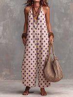 Women's Polka Dot Print V-neck Sleeveless Casual Loose-fit Cotton-linen Wide-leg Jumpsuit