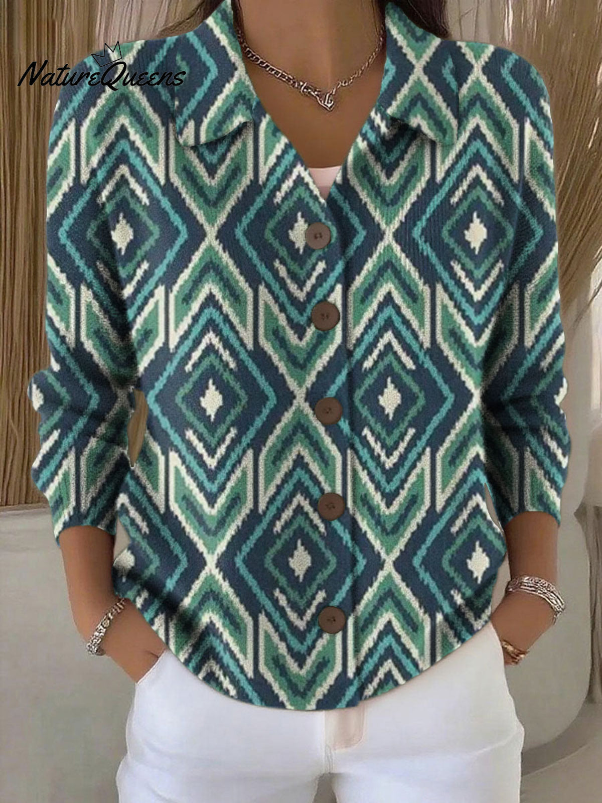 Women's Retro Patchwork Geometric Abstract Pattern Art Print Cowl Neck Sweater