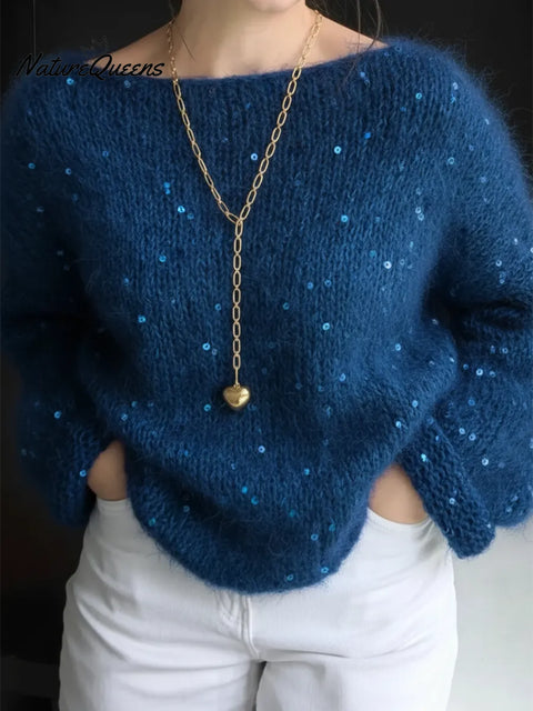 Dreamy Winter Boat Neck Loose Sequined Sweater Top