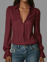 Women's Solid Color V-neck Long-sleeved Casual Loose Cotton Top