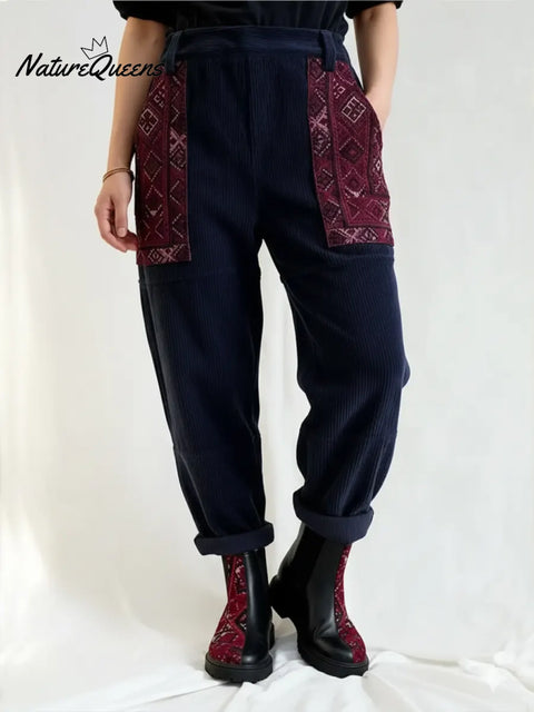 Women's Retro Print Patchwork Corduroy Pants