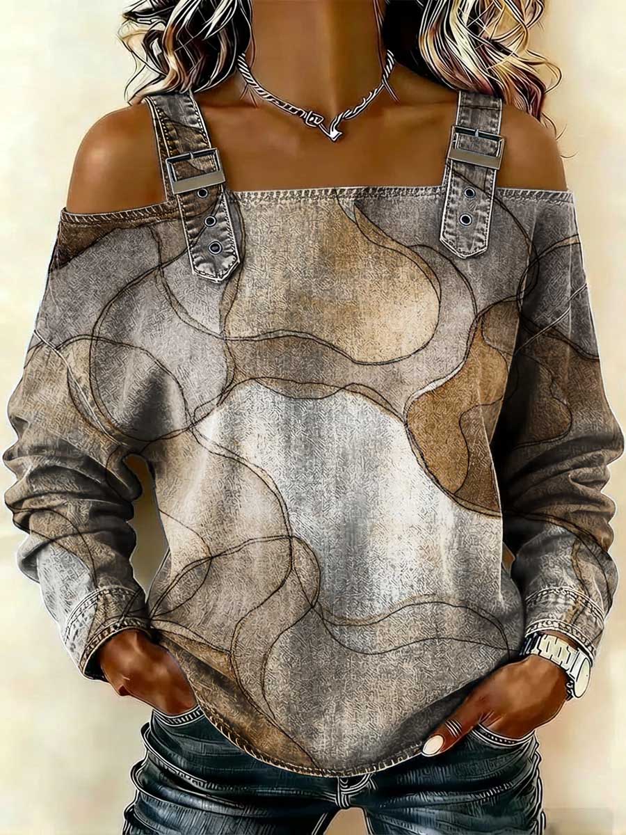 Women‘s Abstract Pattern Print Casual Cotton Denim Shirt