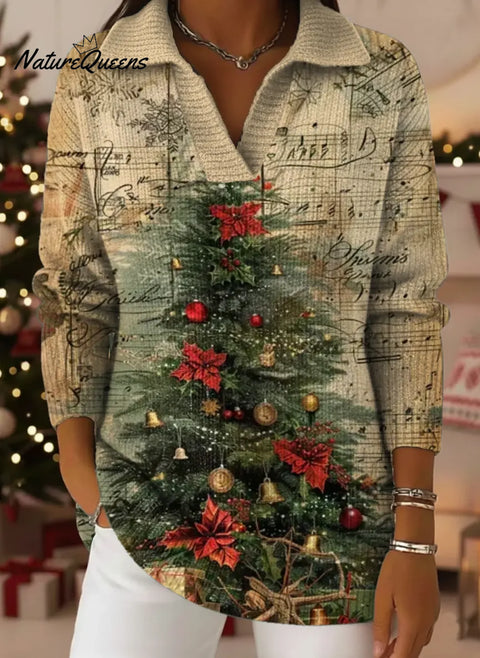 Women's Christmas Tree Pattern Art Print Casual Cotton Sweater