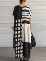 Women's Casual Loose Cotton-linen Dress With Polka Dot & Geometric Print Round Neck And Short Sleeves