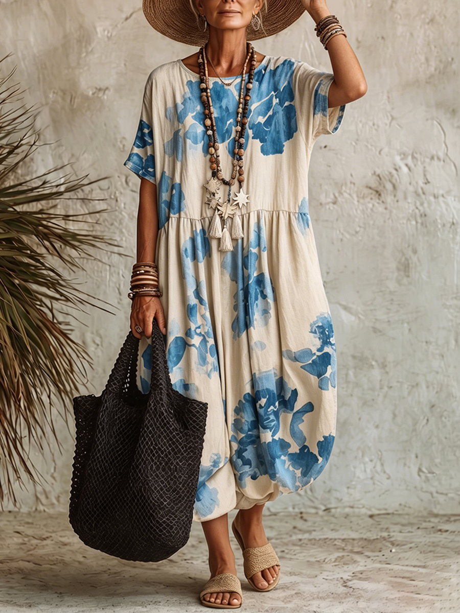 Artistic Blue Watercolor Floral Print Bud Dress