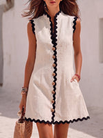 Vacation-style Sleeveless Cotton-linen Dress With Rickrack Trim