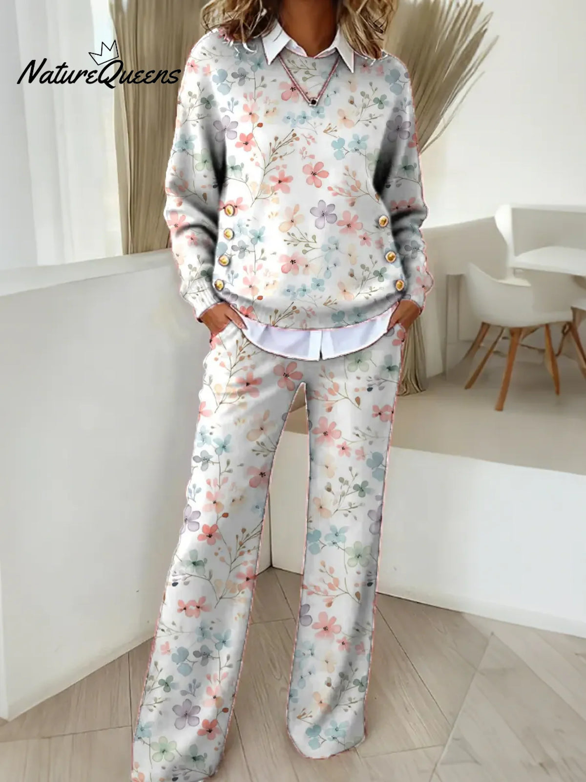 Women's Floral Pattern Art Print Casual Cotton Knitted Suits