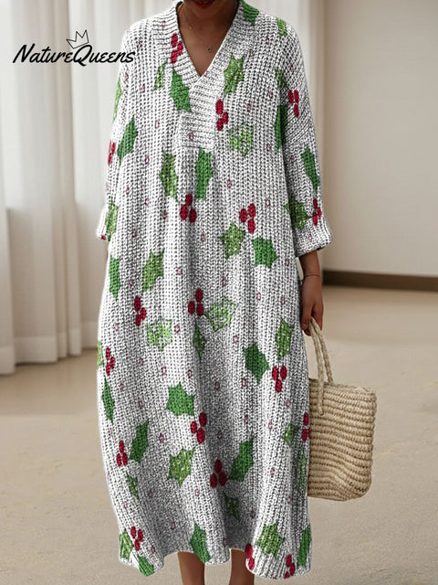 Christmas Floral And Plant Decorative Patterns Women's Casual V-collar Long Sleeve Dress