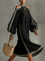 Elegant Off-shoulder Lantern Sleeve Loose Linen Cotton Dress