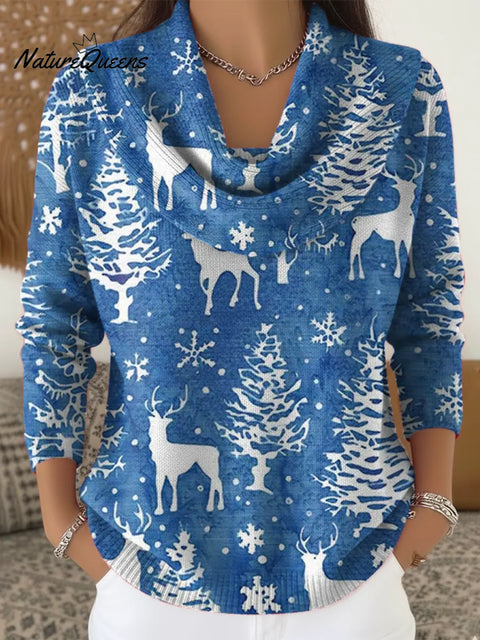 Women's Christmas Deer Pattern Art Print Cowl Neck Sweater