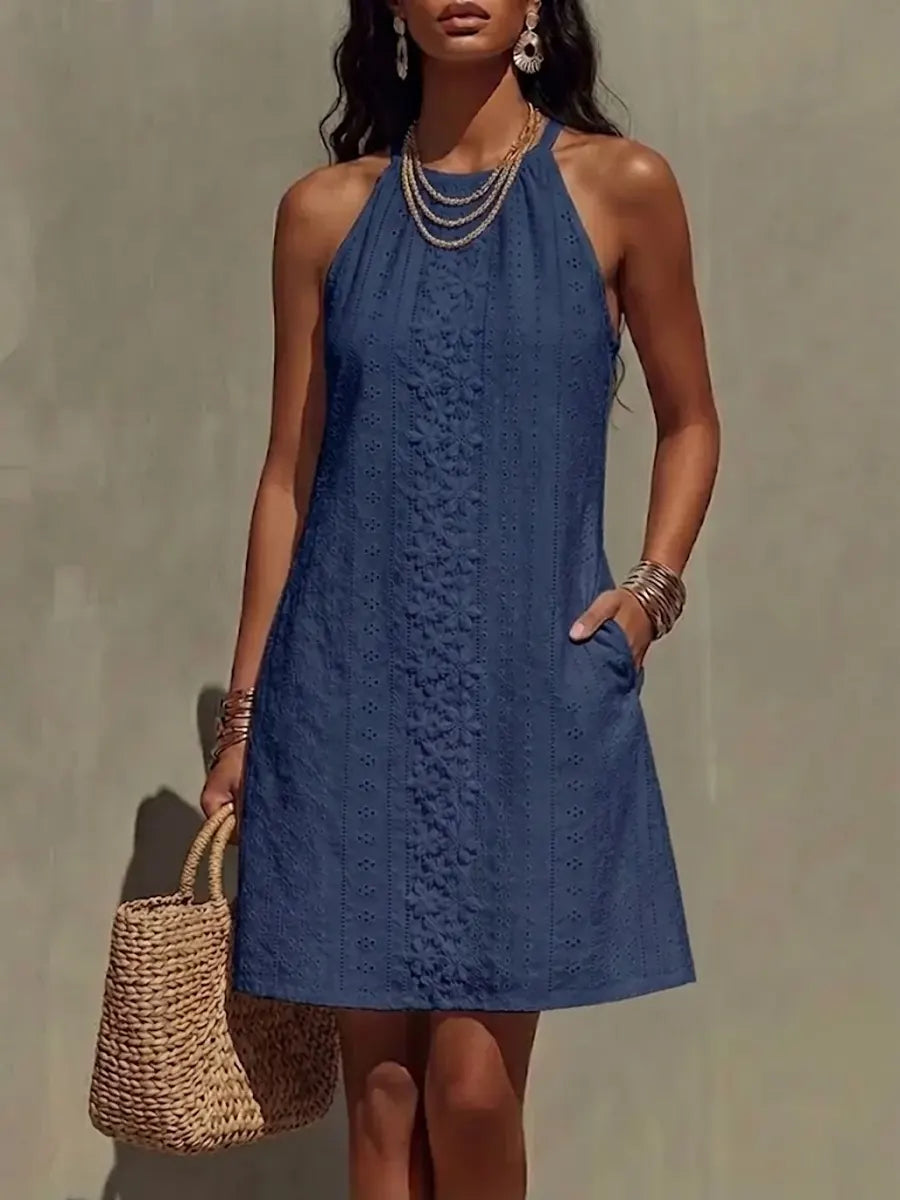 Halter Neck Embroidered Hollow-out A-line Mini Skirt