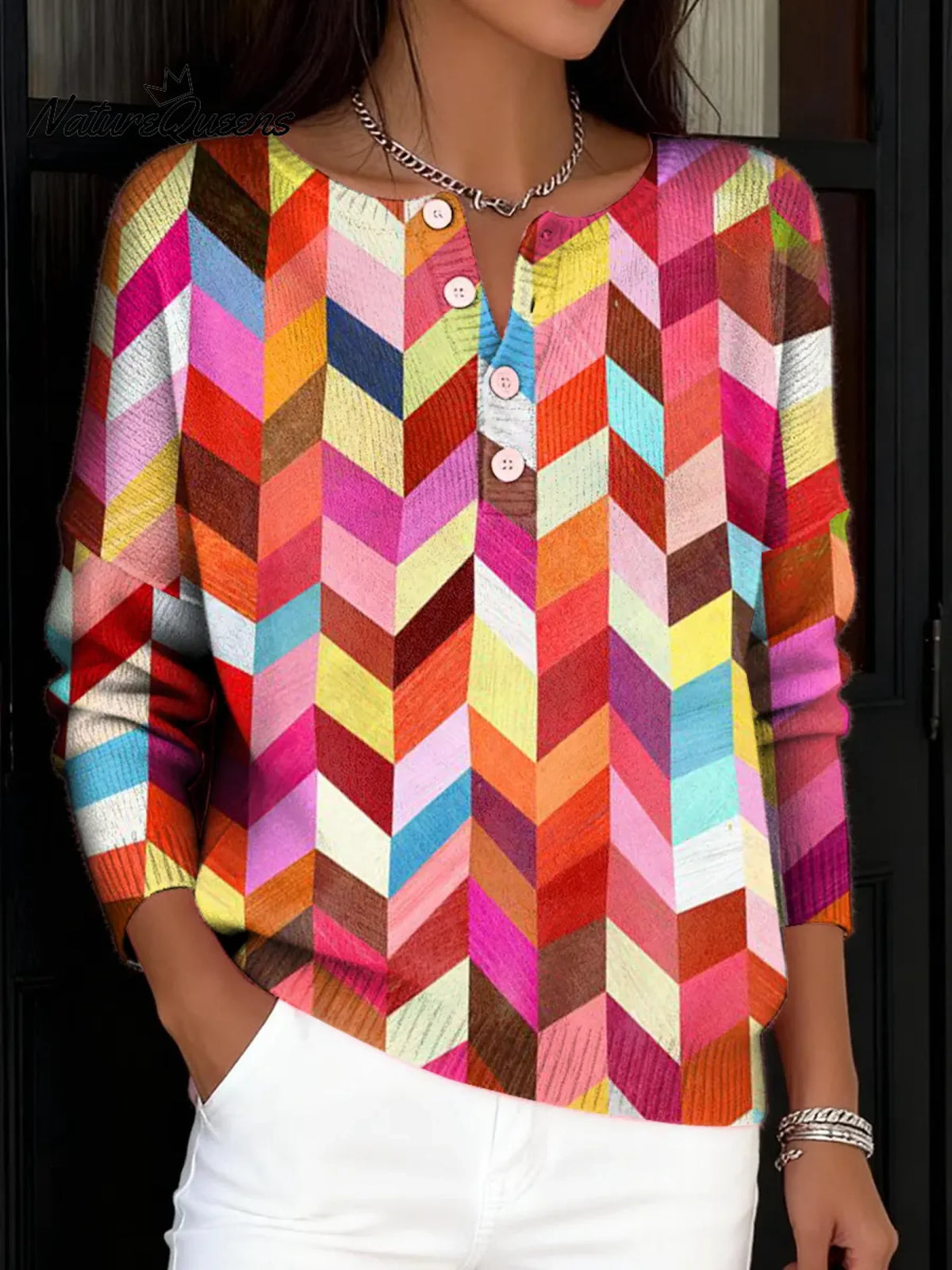 Women's Vintage Abstract Geometry Art Print Buttoned Cardigan Sweater