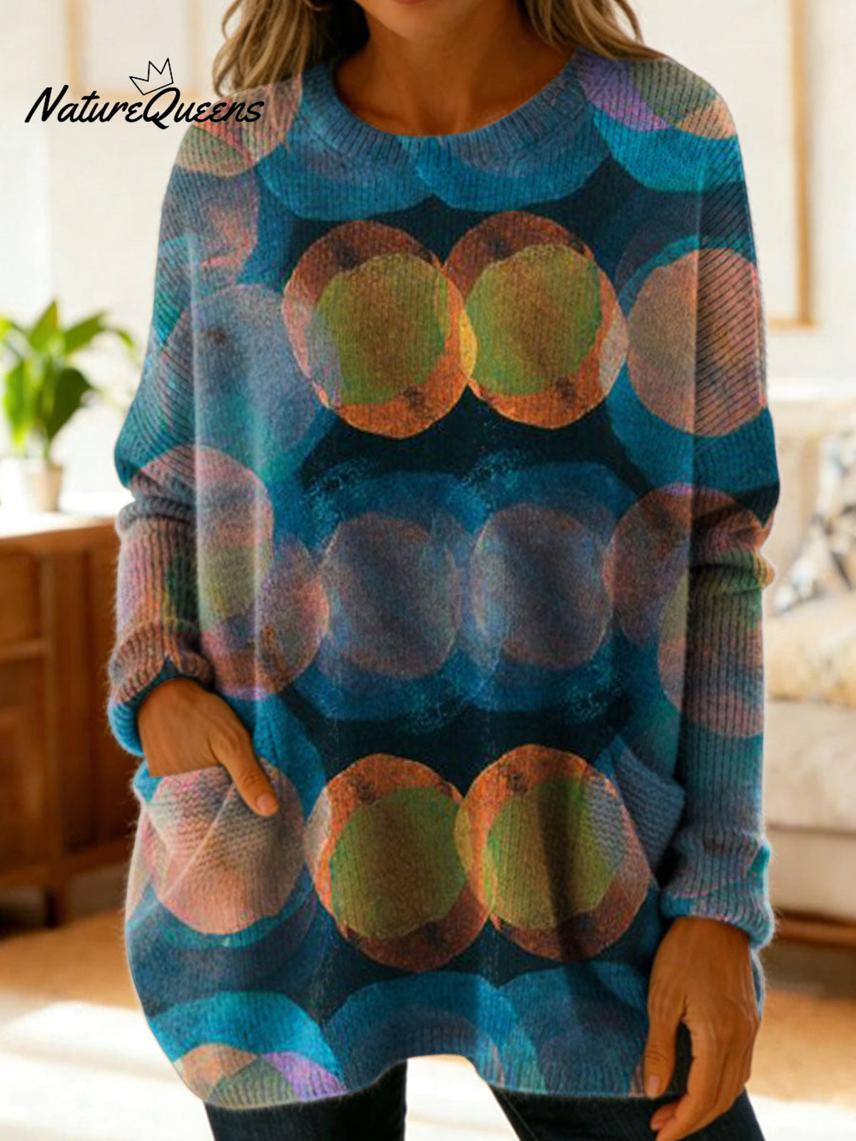 Women's Retro Abstract Pattern Art Print Casual Cotton Knitted Sweater