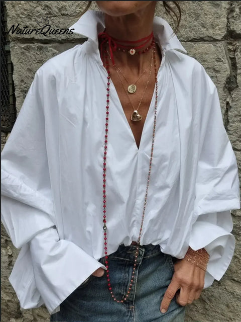 Women's Casual V-neck Long-sleeved Cotton Shirt