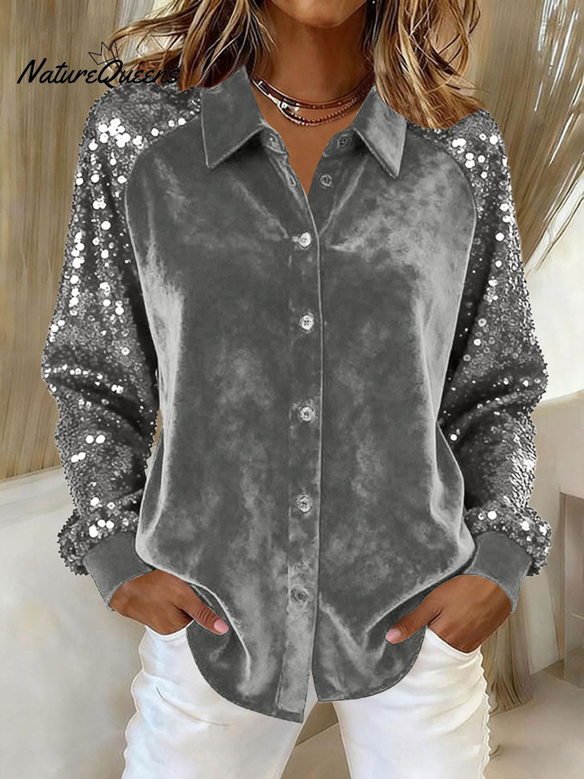 Women's Sequined Sleeve Patchwork Long-sleeved Velvet Loose Shirt