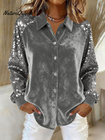 Women's Sequined Sleeve Patchwork Long-sleeved Velvet Loose Shirt