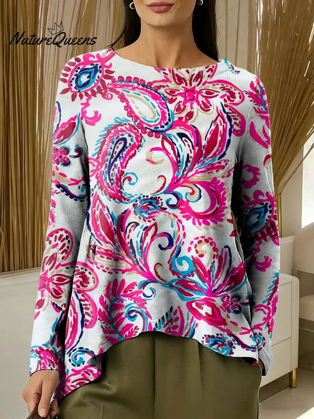 Women's Flowers Colorful Round Neck Casual Print Long-sleeved Ruched T-shirt