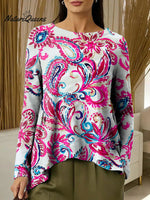 Women's Flowers Colorful Round Neck Casual Print Long-sleeved Ruched T-shirt